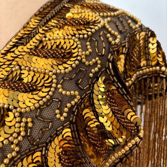 Vintage 1970s Gold Bead & Fringe Chiffon Capelet Shawl Sequin Wrap Scarf - Picture 5 of 8